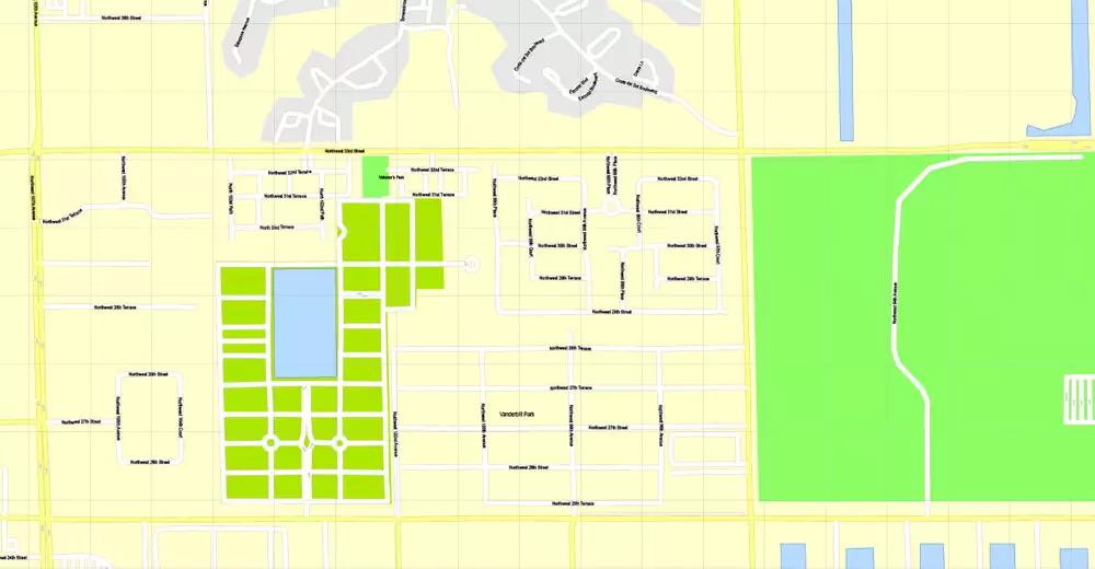 Printable Map Miami, Florida, US, exact vector street G-View Level 17 (100 meters scale) map, V.31.12. fully editable, Adobe Illustrator, full vector, scalable, editable text format of street names, 5 Mb ZIP.