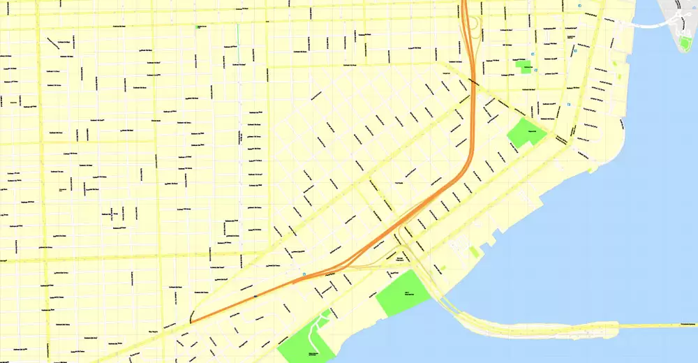 Printable Map Miami, Florida, US, exact vector street G-View Level 17 (100 meters scale) map, V.31.12. fully editable, Adobe Illustrator, full vector, scalable, editable text format of street names, 5 Mb ZIP.