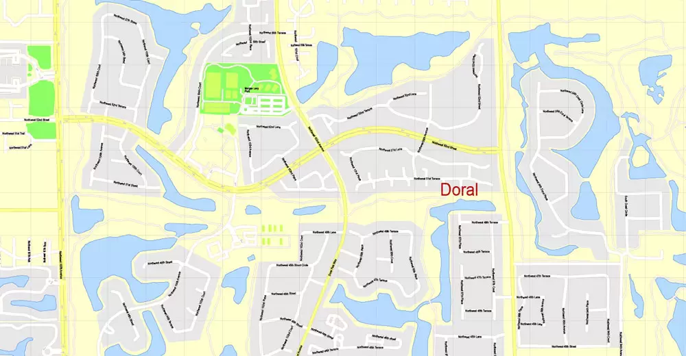 Printable Map Miami, Florida, US, exact vector street G-View Level 17 (100 meters scale) map, V.31.12. fully editable, Adobe Illustrator, full vector, scalable, editable text format of street names, 5 Mb ZIP.