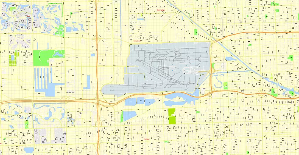 Printable Map Miami, Florida, US, exact vector street G-View Level 17 (100 meters scale) map, V.31.12. fully editable, Adobe Illustrator, full vector, scalable, editable text format of street names, 5 Mb ZIP.