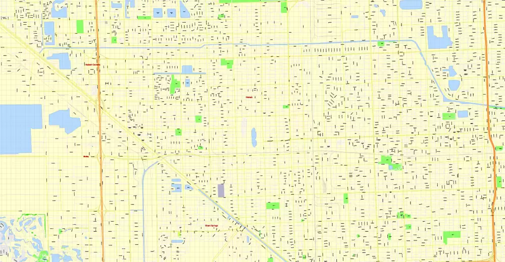 Printable Map Miami, Florida, US, exact vector street G-View Level 17 (100 meters scale) map, V.31.12. fully editable, Adobe Illustrator, full vector, scalable, editable text format of street names, 5 Mb ZIP.