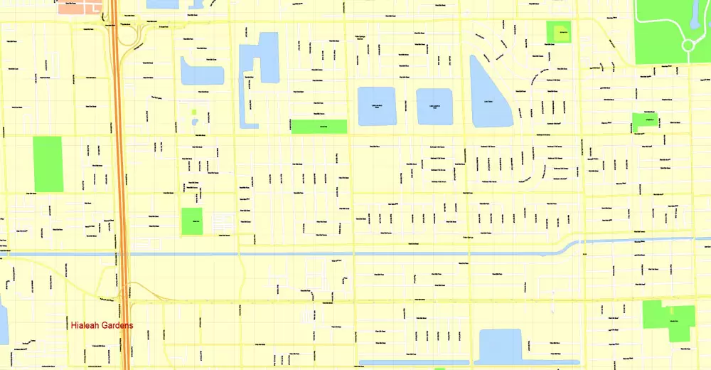 Printable Map Miami, Florida, US, exact vector street G-View Level 17 (100 meters scale) map, V.31.12. fully editable, Adobe Illustrator, full vector, scalable, editable text format of street names, 5 Mb ZIP.