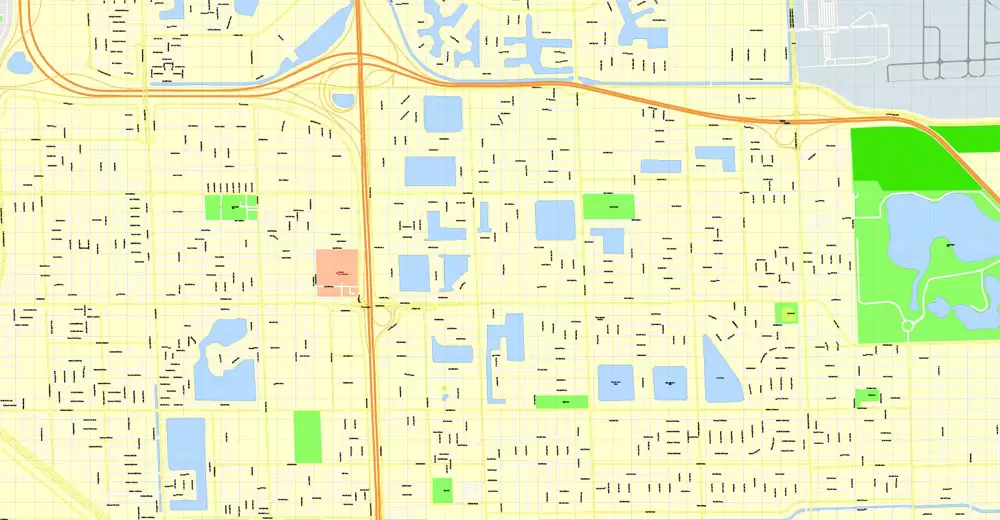 Printable Map Miami, Florida, US, exact vector street G-View Level 17 (100 meters scale) map, V.31.12. fully editable, Adobe Illustrator, full vector, scalable, editable text format of street names, 5 Mb ZIP.