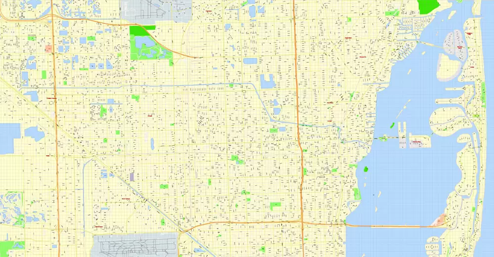 Printable Map Miami, Florida, US, exact vector street G-View Level 17 (100 meters scale) map, V.31.12. fully editable, Adobe Illustrator, full vector, scalable, editable text format of street names, 5 Mb ZIP.