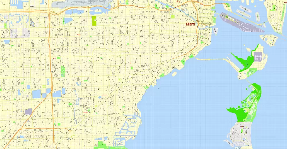 Printable Map Miami, Florida, US, exact vector street G-View Level 17 (100 meters scale) map, V.31.12. fully editable, Adobe Illustrator, full vector, scalable, editable text format of street names, 5 Mb ZIP.