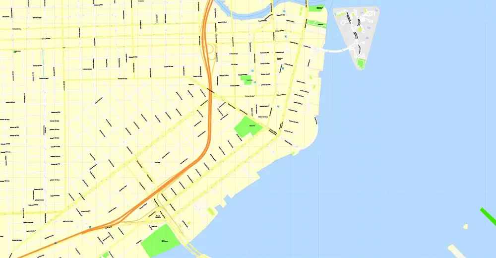 Printable Map Miami, Florida, US, exact vector street G-View Level 17 (100 meters scale) map, V.31.12. fully editable, Adobe Illustrator, full vector, scalable, editable text format of street names, 5 Mb ZIP.