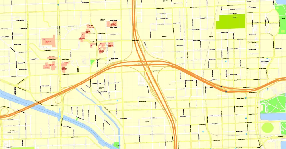 Printable Map Miami, Florida, US, exact vector street G-View Level 17 (100 meters scale) map, V.31.12. fully editable, Adobe Illustrator, full vector, scalable, editable text format of street names, 5 Mb ZIP.