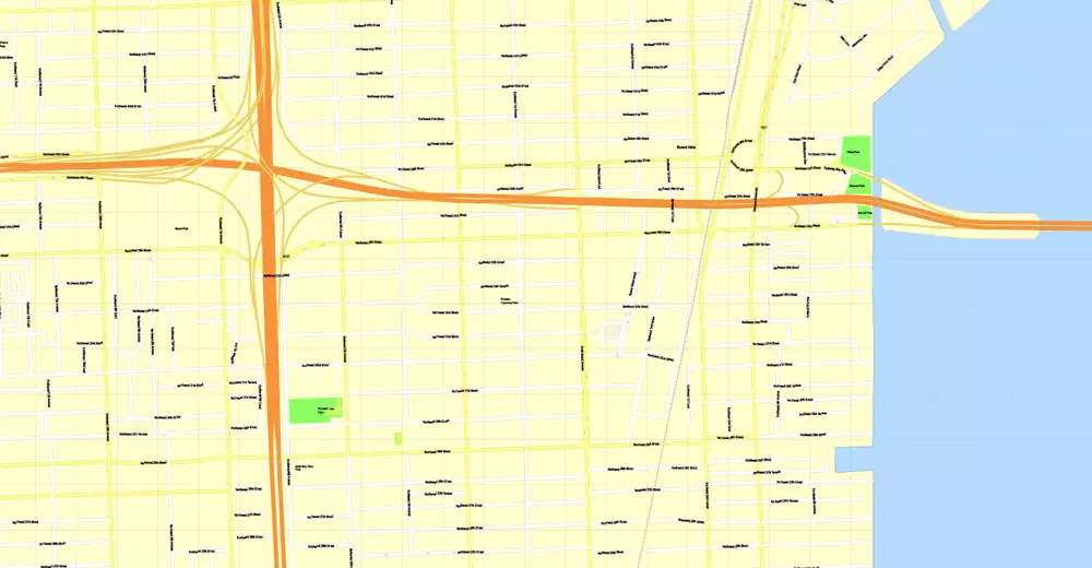 Printable Map Miami, Florida, US, exact vector street G-View Level 17 (100 meters scale) map, V.31.12. fully editable, Adobe Illustrator, full vector, scalable, editable text format of street names, 5 Mb ZIP.