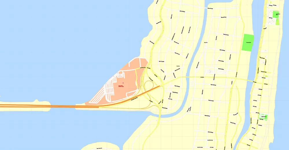Printable Map Miami, Florida, US, exact vector street G-View Level 17 (100 meters scale) map, V.31.12. fully editable, Adobe Illustrator, full vector, scalable, editable text format of street names, 5 Mb ZIP.