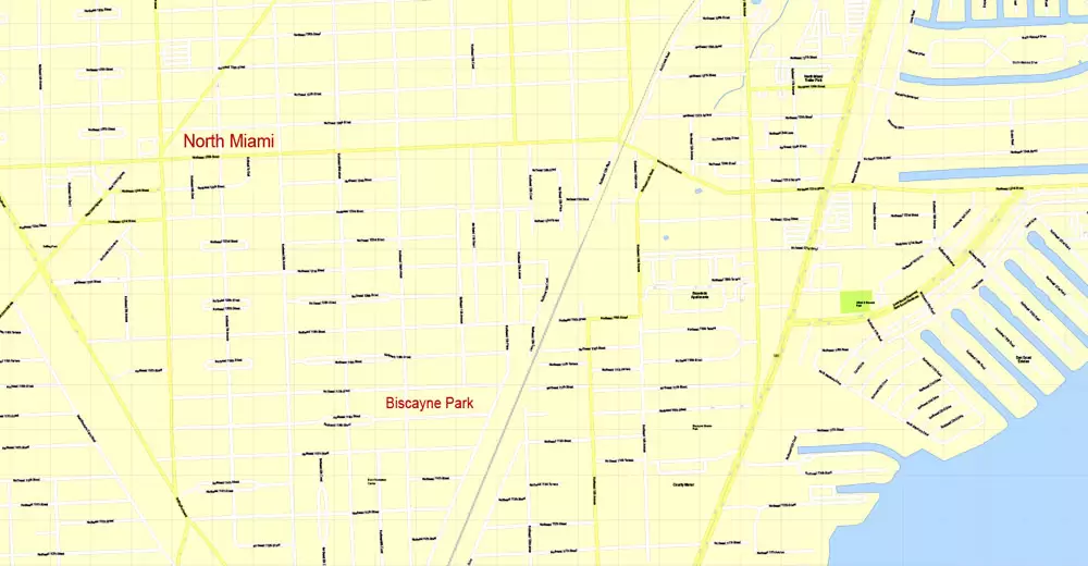 Printable Map Miami, Florida, US, exact vector street G-View Level 17 (100 meters scale) map, V.31.12. fully editable, Adobe Illustrator, full vector, scalable, editable text format of street names, 5 Mb ZIP.