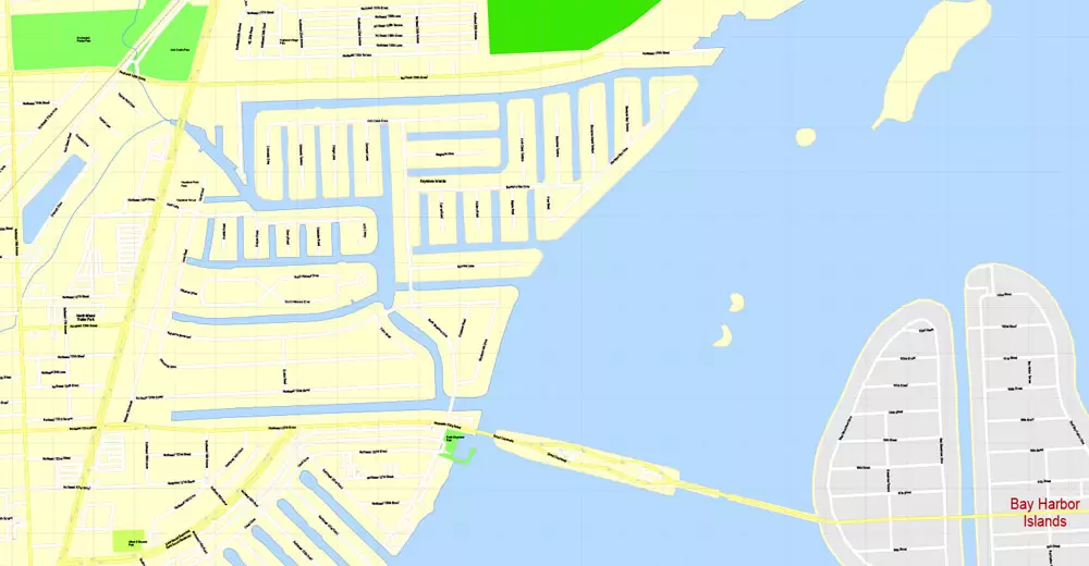 Printable Map Miami, Florida, US, exact vector street G-View Level 17 (100 meters scale) map, V.31.12. fully editable, Adobe Illustrator, full vector, scalable, editable text format of street names, 5 Mb ZIP.