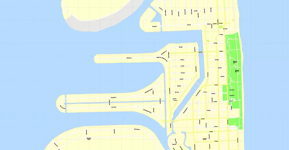 Printable Map Miami, Florida, US, exact vector street G-View Level 17 (100 meters scale) map, V.31.12. fully editable, Adobe Illustrator, full vector, scalable, editable text format of street names, 5 Mb ZIP.