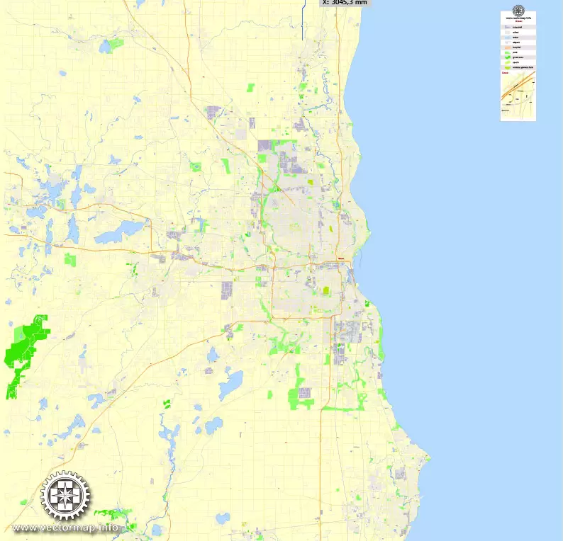 Printable Map Milwaukee, Wisconsin, US, exact vector street G-View Level 17 (100 meters scale) map, V.31.12. fully editable, Adobe Illustrator, full vector, scalable, editable text format of street names, 16 Mb ZIP.