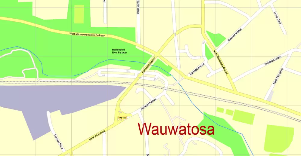 Printable Map Milwaukee, Wisconsin, US, exact vector street G-View Level 17 (100 meters scale) map, V.31.12. fully editable, Adobe Illustrator, full vector, scalable, editable text format of street names, 16 Mb ZIP.