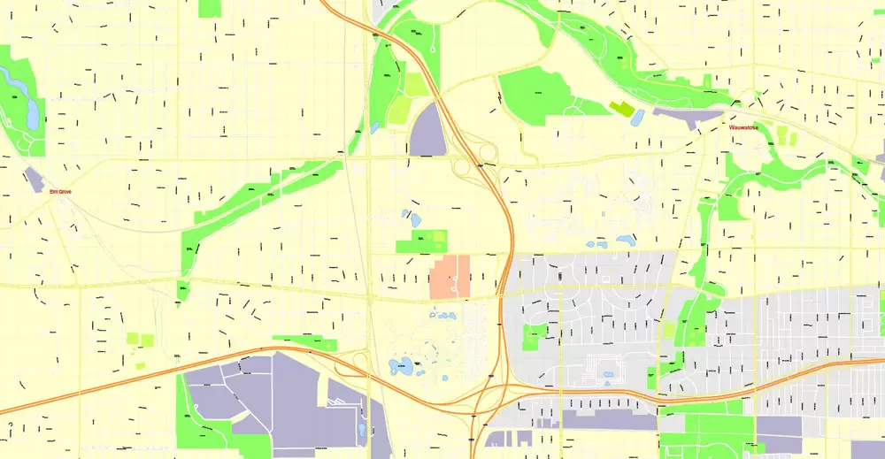 Printable Map Milwaukee, Wisconsin, US, exact vector street G-View Level 17 (100 meters scale) map, V.31.12. fully editable, Adobe Illustrator, full vector, scalable, editable text format of street names, 16 Mb ZIP.