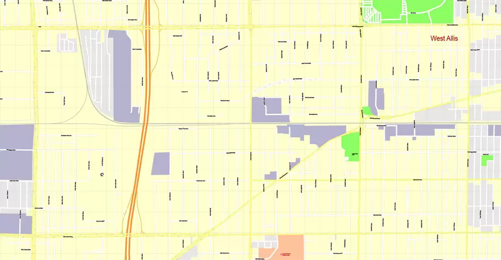 Printable Map Milwaukee, Wisconsin, US, exact vector street G-View Level 17 (100 meters scale) map, V.31.12. fully editable, Adobe Illustrator, full vector, scalable, editable text format of street names, 16 Mb ZIP.