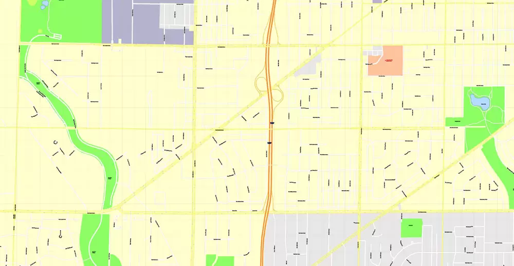 Printable Map Milwaukee, Wisconsin, US, exact vector street G-View Level 17 (100 meters scale) map, V.31.12. fully editable, Adobe Illustrator, full vector, scalable, editable text format of street names, 16 Mb ZIP.