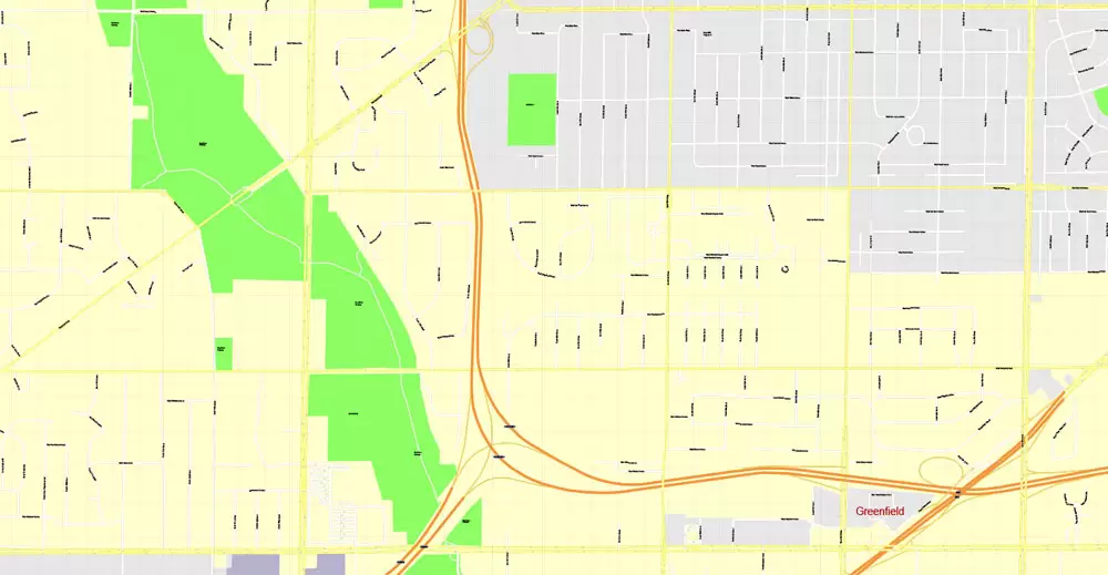 Printable Map Milwaukee, Wisconsin, US, exact vector street G-View Level 17 (100 meters scale) map, V.31.12. fully editable, Adobe Illustrator, full vector, scalable, editable text format of street names, 16 Mb ZIP.