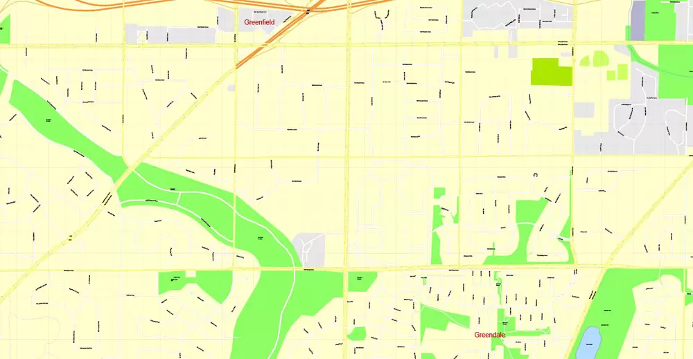 Printable Map Milwaukee, Wisconsin, US, exact vector street G-View Level 17 (100 meters scale) map, V.31.12. fully editable, Adobe Illustrator, full vector, scalable, editable text format of street names, 16 Mb ZIP.
