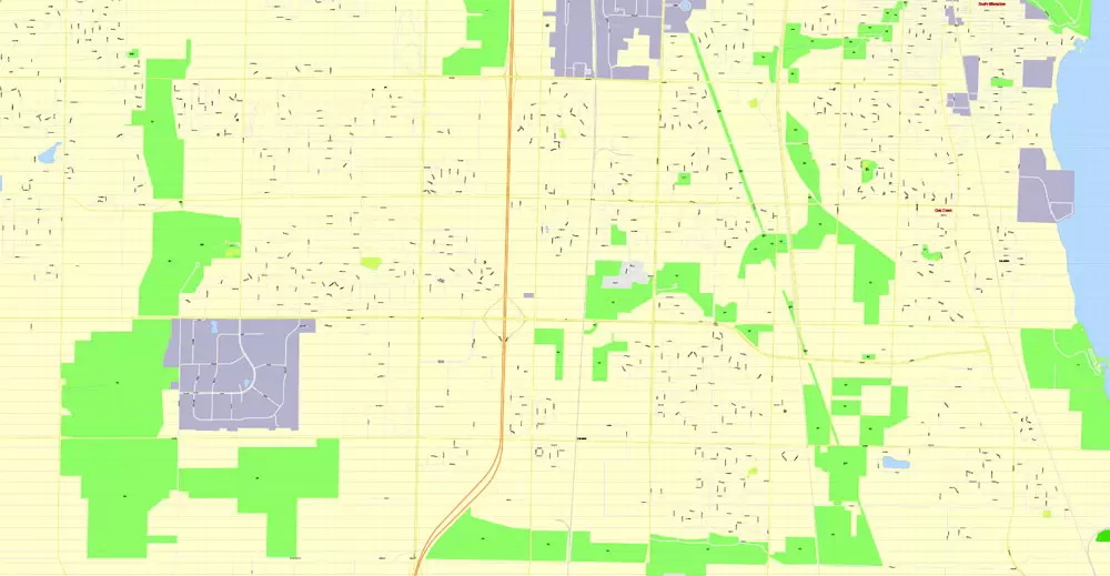 Printable Map Milwaukee, Wisconsin, US, exact vector street G-View Level 17 (100 meters scale) map, V.31.12. fully editable, Adobe Illustrator, full vector, scalable, editable text format of street names, 16 Mb ZIP.