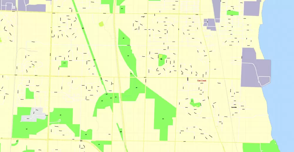 Printable Map Milwaukee, Wisconsin, US, exact vector street G-View Level 17 (100 meters scale) map, V.31.12. fully editable, Adobe Illustrator, full vector, scalable, editable text format of street names, 16 Mb ZIP.