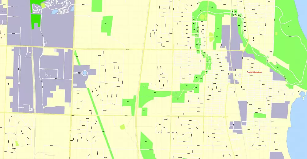 Printable Map Milwaukee, Wisconsin, US, exact vector street G-View Level 17 (100 meters scale) map, V.31.12. fully editable, Adobe Illustrator, full vector, scalable, editable text format of street names, 16 Mb ZIP.