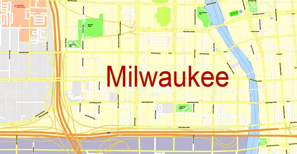 Printable Map Milwaukee, Wisconsin, US, exact vector street G-View Level 17 (100 meters scale) map, V.31.12. fully editable, Adobe Illustrator, full vector, scalable, editable text format of street names, 16 Mb ZIP.