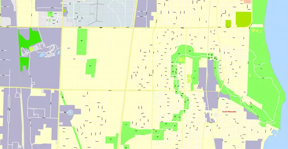 Printable Map Milwaukee, Wisconsin, US, exact vector street G-View Level 17 (100 meters scale) map, V.31.12. fully editable, Adobe Illustrator, full vector, scalable, editable text format of street names, 16 Mb ZIP.