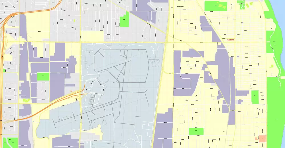 Printable Map Milwaukee, Wisconsin, US, exact vector street G-View Level 17 (100 meters scale) map, V.31.12. fully editable, Adobe Illustrator, full vector, scalable, editable text format of street names, 16 Mb ZIP.