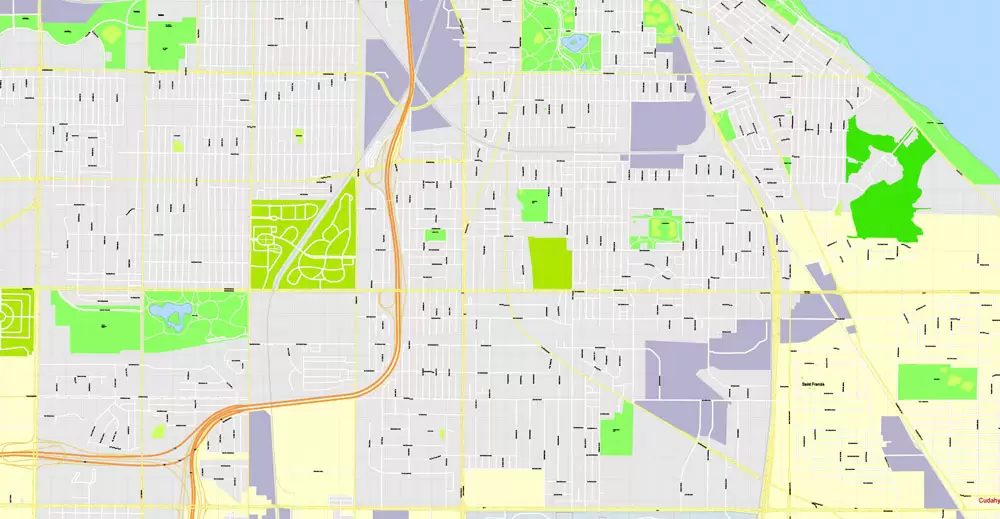 Printable Map Milwaukee, Wisconsin, US, exact vector street G-View Level 17 (100 meters scale) map, V.31.12. fully editable, Adobe Illustrator, full vector, scalable, editable text format of street names, 16 Mb ZIP.