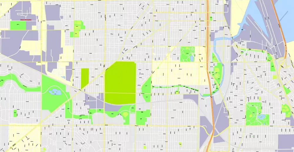 Printable Map Milwaukee, Wisconsin, US, exact vector street G-View Level 17 (100 meters scale) map, V.31.12. fully editable, Adobe Illustrator, full vector, scalable, editable text format of street names, 16 Mb ZIP.