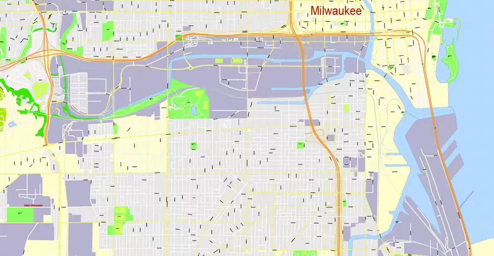 Printable Map Milwaukee, Wisconsin, US, exact vector street G-View Level 17 (100 meters scale) map, V.31.12. fully editable, Adobe Illustrator, full vector, scalable, editable text format of street names, 16 Mb ZIP.