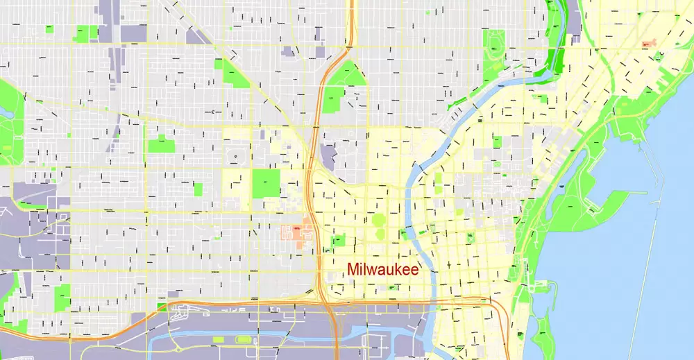 Printable Map Milwaukee, Wisconsin, US, exact vector street G-View Level 17 (100 meters scale) map, V.31.12. fully editable, Adobe Illustrator, full vector, scalable, editable text format of street names, 16 Mb ZIP.