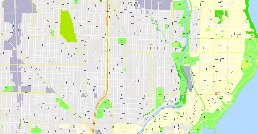 Printable Map Milwaukee, Wisconsin, US, exact vector street G-View Level 17 (100 meters scale) map, V.31.12. fully editable, Adobe Illustrator, full vector, scalable, editable text format of street names, 16 Mb ZIP.