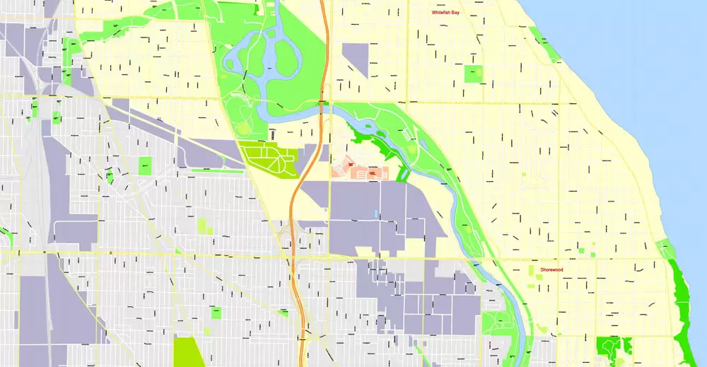 Printable Map Milwaukee, Wisconsin, US, exact vector street G-View Level 17 (100 meters scale) map, V.31.12. fully editable, Adobe Illustrator, full vector, scalable, editable text format of street names, 16 Mb ZIP.