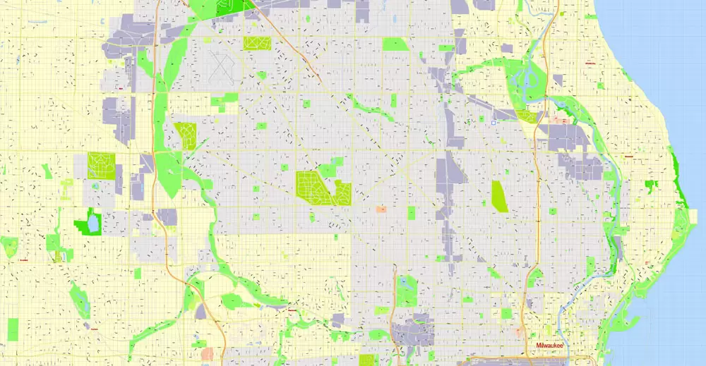 Printable Map Milwaukee, Wisconsin, US, exact vector street G-View Level 17 (100 meters scale) map, V.31.12. fully editable, Adobe Illustrator, full vector, scalable, editable text format of street names, 16 Mb ZIP.