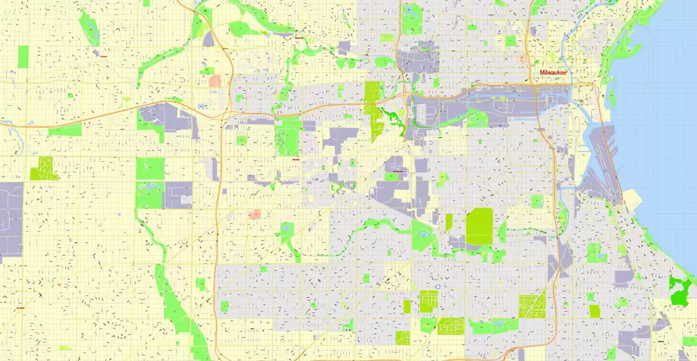 Printable Map Milwaukee, Wisconsin, US, exact vector street G-View Level 17 (100 meters scale) map, V.31.12. fully editable, Adobe Illustrator, full vector, scalable, editable text format of street names, 16 Mb ZIP.