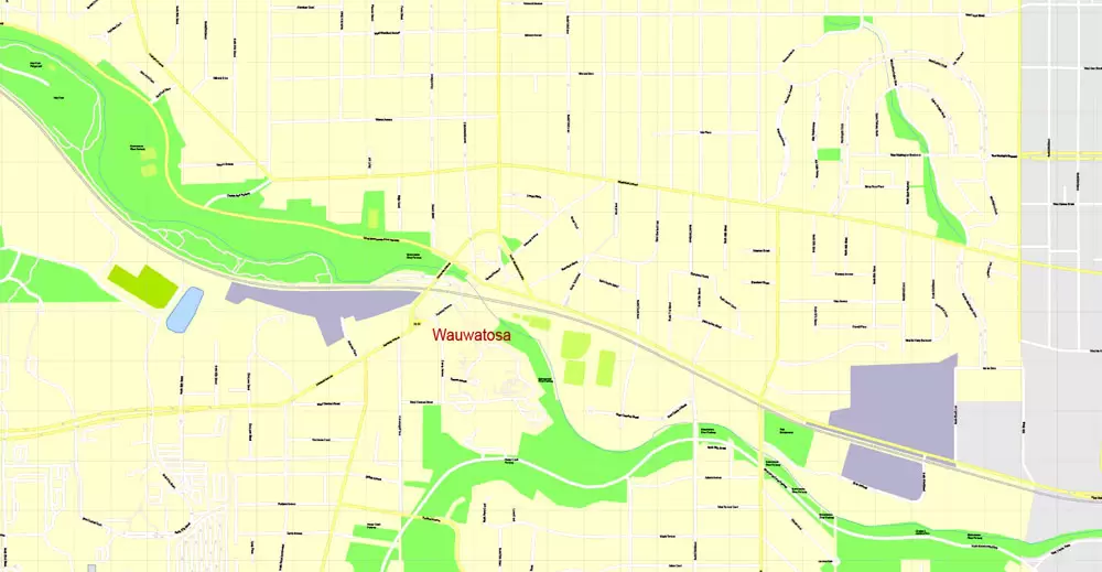 Printable Map Milwaukee, Wisconsin, US, exact vector street G-View Level 17 (100 meters scale) map, V.31.12. fully editable, Adobe Illustrator, full vector, scalable, editable text format of street names, 16 Mb ZIP.