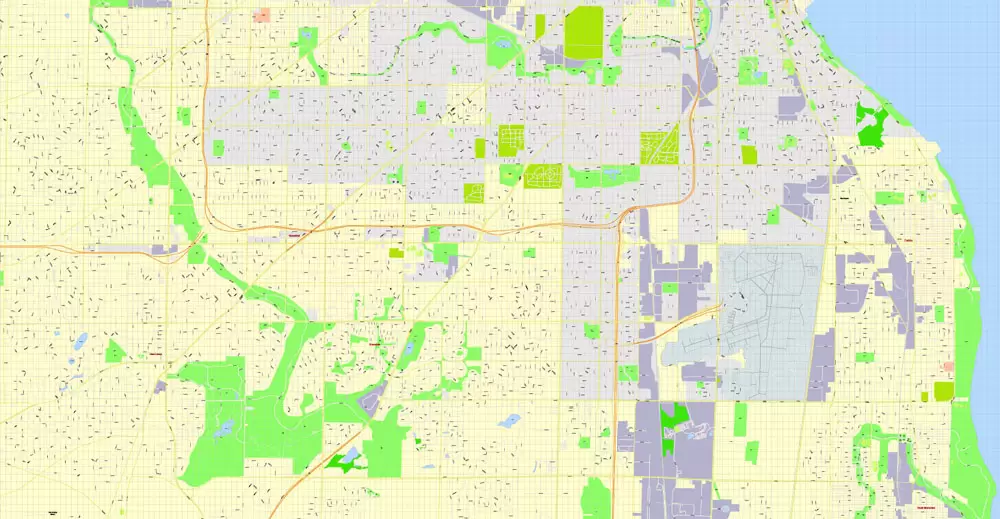 Printable Map Milwaukee, Wisconsin, US, exact vector street G-View Level 17 (100 meters scale) map, V.31.12. fully editable, Adobe Illustrator, full vector, scalable, editable text format of street names, 16 Mb ZIP.