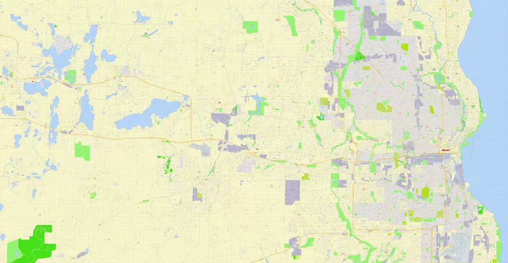 Printable Map Milwaukee, Wisconsin, US, exact vector street G-View Level 17 (100 meters scale) map, V.31.12. fully editable, Adobe Illustrator, full vector, scalable, editable text format of street names, 16 Mb ZIP.