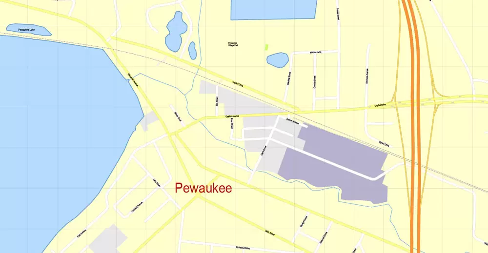 Printable Map Milwaukee, Wisconsin, US, exact vector street G-View Level 17 (100 meters scale) map, V.31.12. fully editable, Adobe Illustrator, full vector, scalable, editable text format of street names, 16 Mb ZIP.