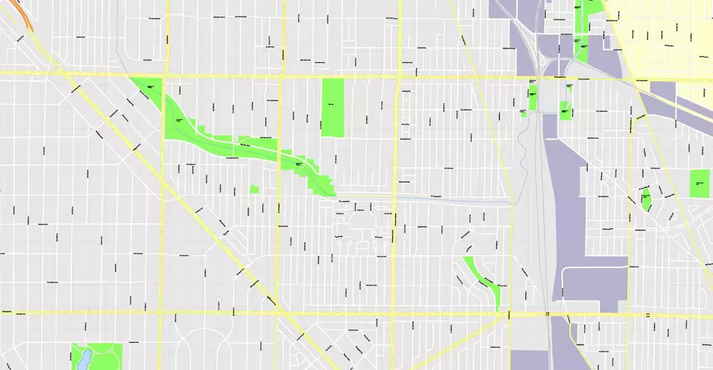 Printable Map Milwaukee, Wisconsin, US, exact vector street G-View Level 17 (100 meters scale) map, V.31.12. fully editable, Adobe Illustrator, full vector, scalable, editable text format of street names, 16 Mb ZIP.