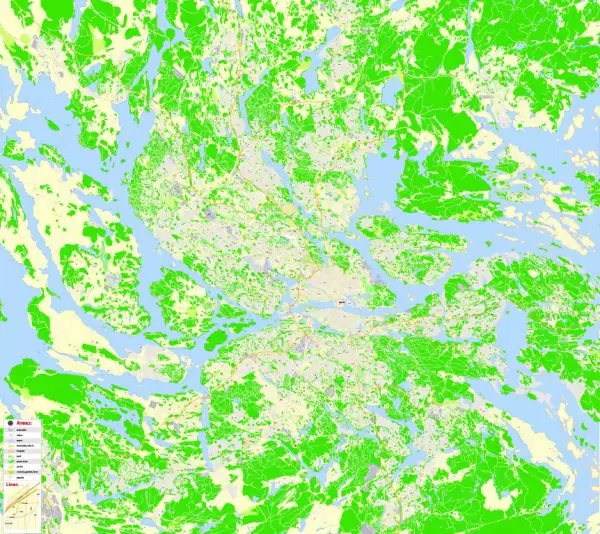 Printable Map Stockholm, Sweden, exact vector street G-View City Plan Level 17 (100 meters scale) map, V.08.01. fully editable Adobe Illustrator, full vector, scalable, editable text format of street names, 23 Mb ZIP.
