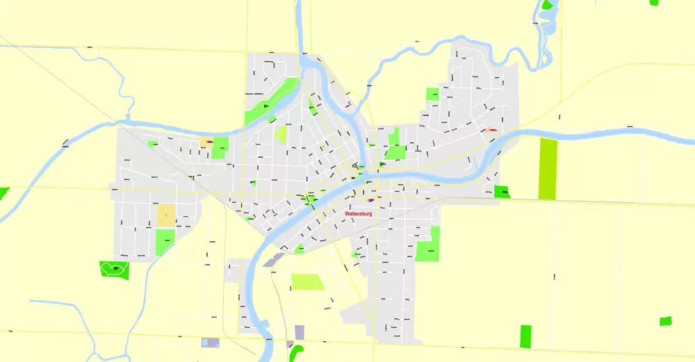 Wallaceburg + Chatham ON , Canada, Printable Map, G-View Level 17 (100 meters scale) Adobe Illustrator Map
