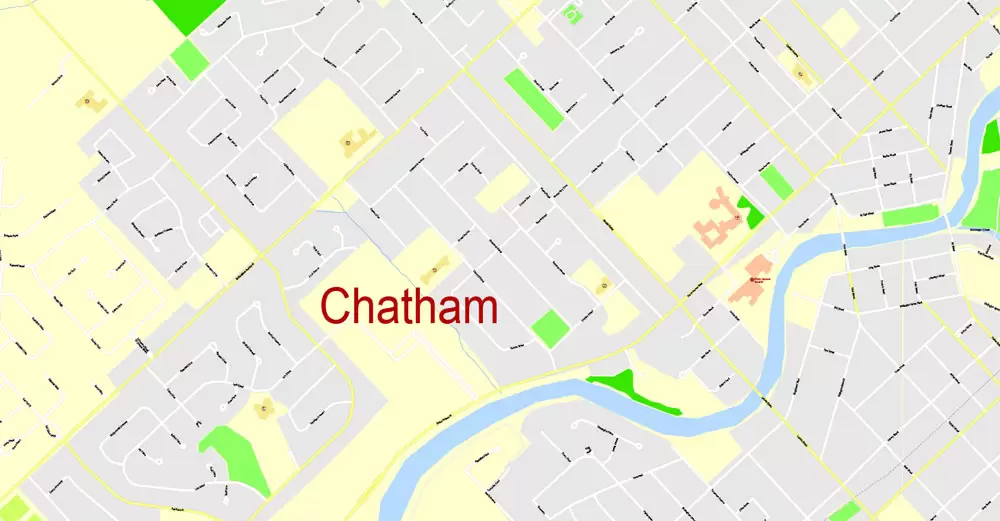 Wallaceburg + Chatham ON , Canada, Printable Map, G-View Level 17 (100 meters scale) Adobe Illustrator Map