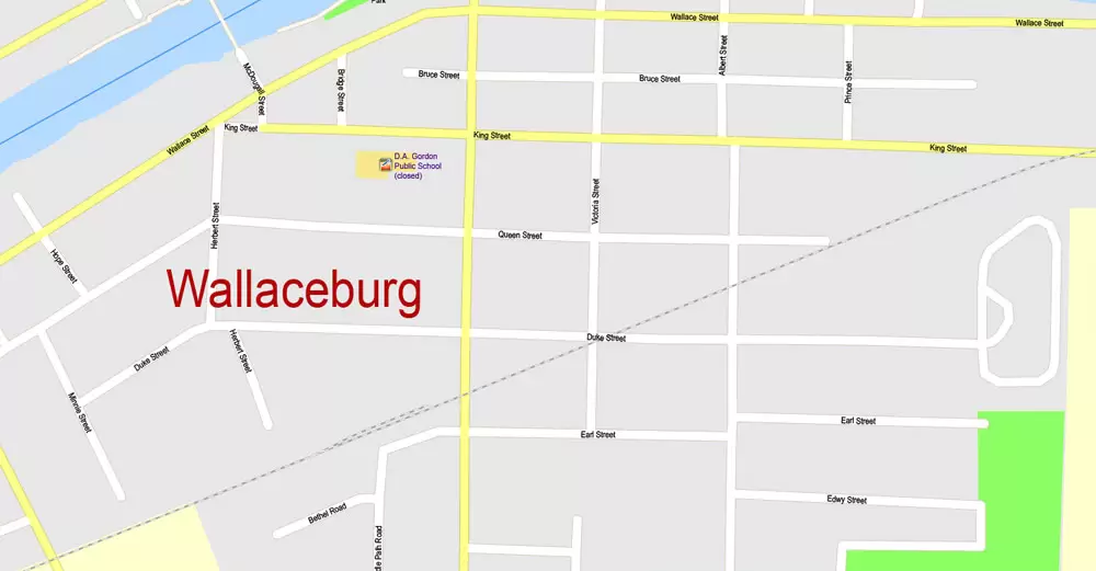 Wallaceburg + Chatham ON , Canada, Printable Map, G-View Level 17 (100 meters scale) Adobe Illustrator Map