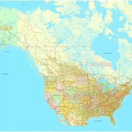 Printable Map US and Canada with all Roads, Cities, States, all names, exact vector map, V.7. fully editable, Adobe Illustrator