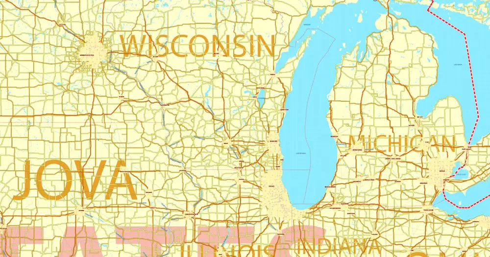 Printable Map US and Canada with all Roads, Cities, States, all names, exact vector map, V.7. fully editable, Adobe Illustrator