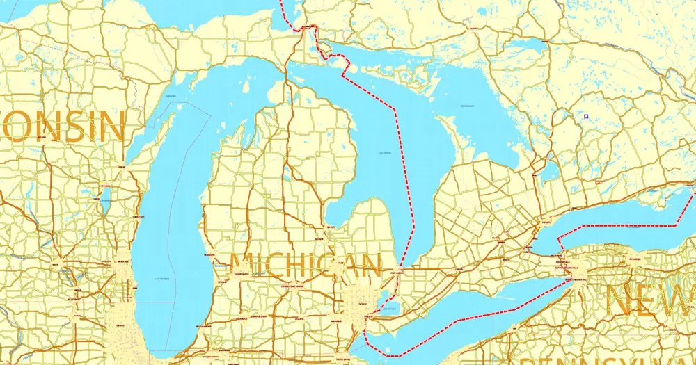 Printable Map US and Canada with all Roads, Cities, States, all names, exact vector map, V.7. fully editable, Adobe Illustrator