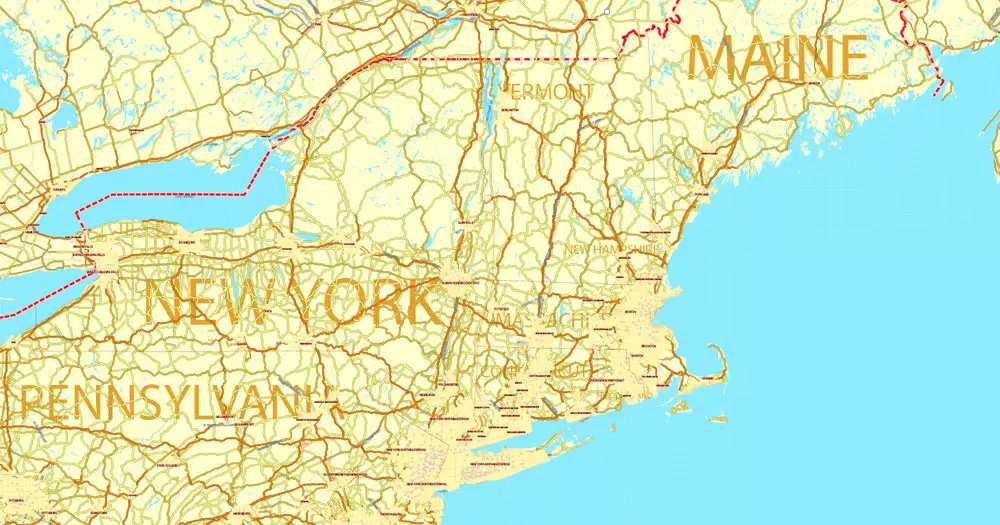 Printable Map US and Canada with all Roads, Cities, States, all names, exact vector map, V.7. fully editable, Adobe Illustrator